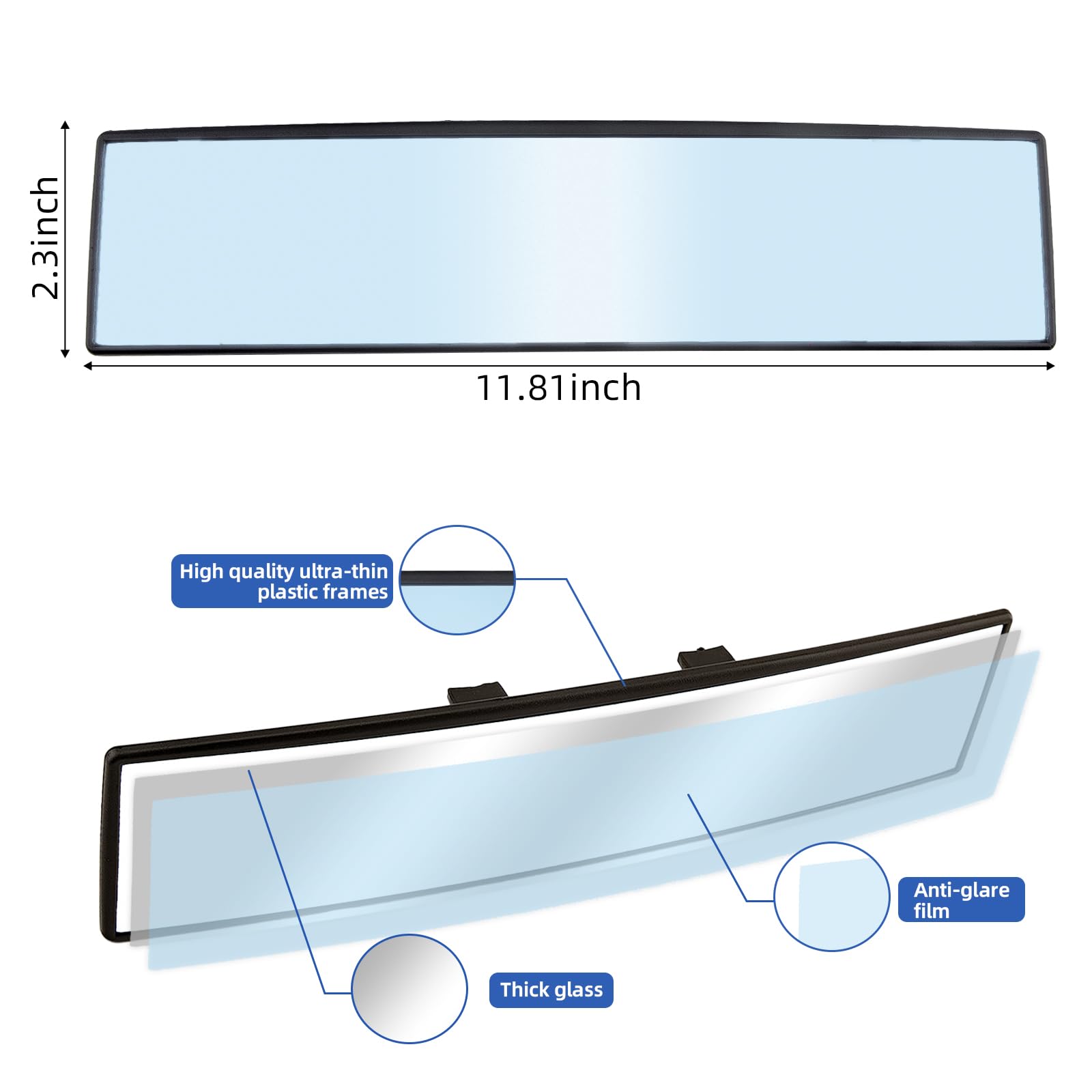 Broadway - Espejo retrovisor para coche, gran angular, panorámico, antirreflejos, accesorios universales para interior de coche, espejo convexo para coche, SUV, camiones.