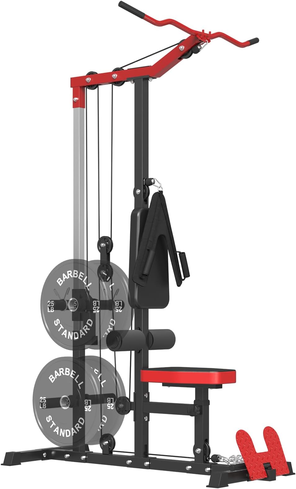 ER KANG LAT Pull Down Machine with Flip-Up Footplate, 450lbs Tower, High & Low Pulley Station & AB Crunch Harness for Home Gym (Red)