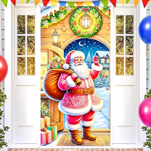 Image of BlissYard Christmas Door Cover Winter Festive Doors Cover 71x35 Inch Santa Claus Entrance Design Cheerful Holiday Home Decor Welcoming Front Door Banner For Seasonal Greetings