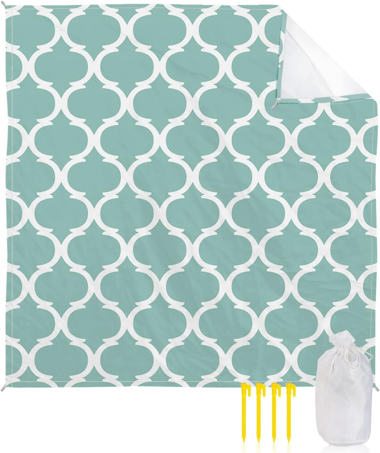 Moroccan Print Turquoise Beach Blanket Waterproof Sandproof Outdoor Picnic Mat 83"x79" Print Lightweight Large Beaach Blankets with 4 Stake & 4 Corner Pockets