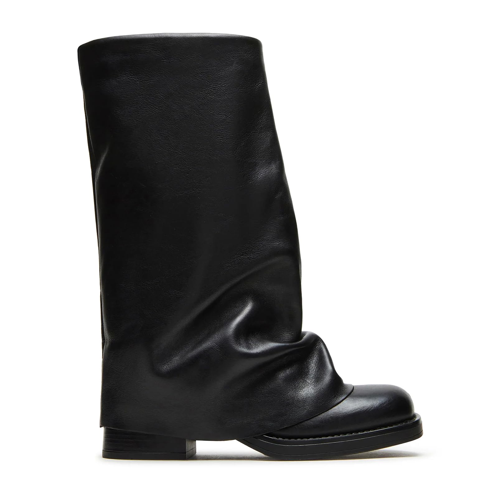 Slouchy Boots for Women Square Toe Fold Over Knee High Boots Chunky Block Heel Mid Calf Boot Pull