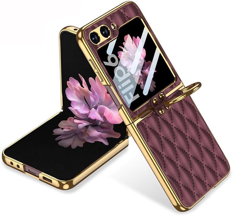 Quilted Leather Folding Case for Samsung Galaxy Z Flip 6, Diamond-Shaped Lattice Mobile Phone Shell for Z Flip6, Creative Women's Folding Screen Protective Cover (Red,for Flip 6)