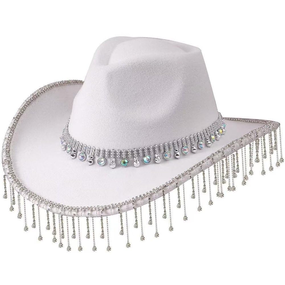 Sslvya Rhinestone Fringe Cowboy Hat, Sparkly Western Cap Cowgirl Hat Party Jazz Hat for Theme Party Fancy Dress