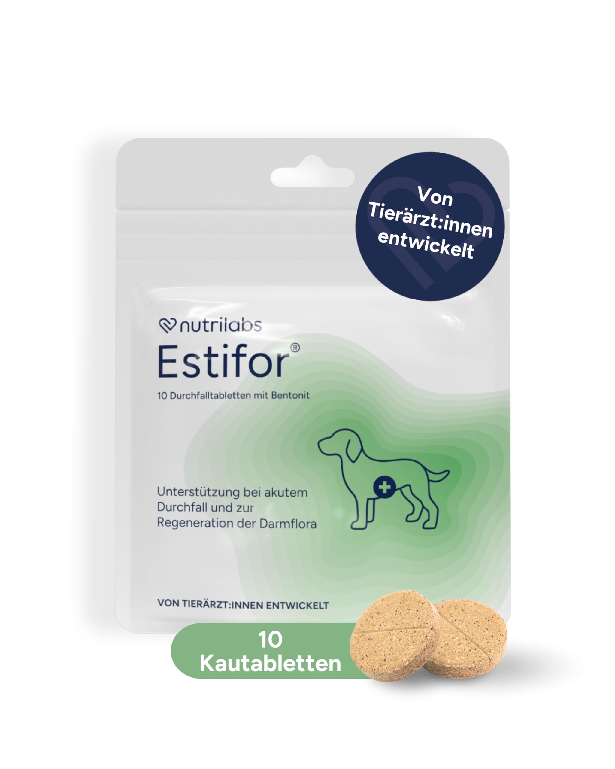 NutriLabs ESTIFOR Kautabletten für Hunde 10 Stück - Mit Bentonit, Kamille & Natriumkarbonat - Unterstützt Verdauung & Darmflora - bei akutem Durchfall - Nahrungsergänzung für Hunde.
