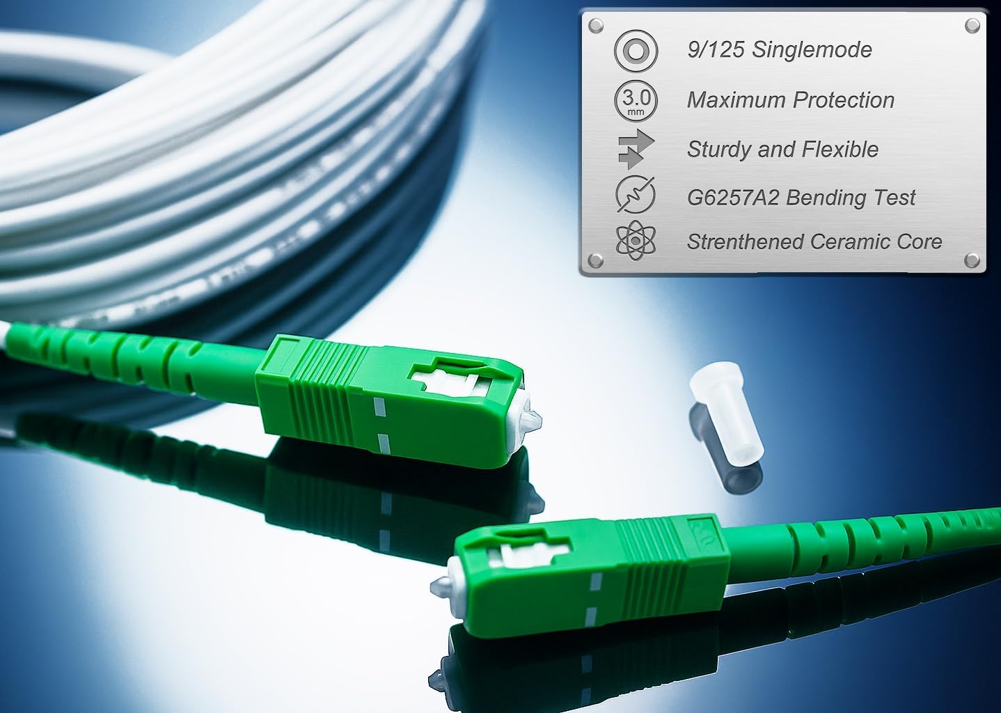 Elfcam® - 30m Cavo Fibra Ottica SC/APC per SC/APC Simplex Monomodale 9/125μm LSZH, Bianco/Verde, 30M