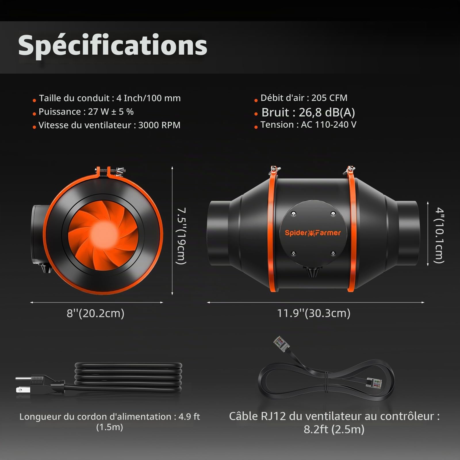 SPIDER FARMER 10.2cm Ventilateur De Conduit En Ligne Avec Ventilateur De ContrôLe De TempéRature Et D’Humidité Pour Tentes De Culture Chauffage Hydroponique Refroidissement De L’Airflower