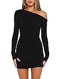 Mokoru Women's Sexy Elegant Off Shoulder Long Sleeve Ruched Bodycon Cocktail Party Mini Dresses Small Black