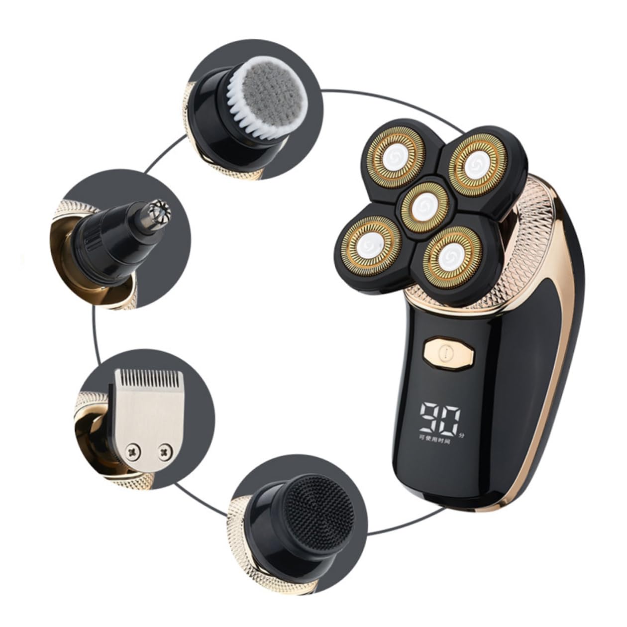 Rasoio Elettrico Uomo Five-in-one in Acciaio Placcato Titanio | Ricarica Usb, Taglio Barba e Chioma, Finitura Oro, per Rasatura e Rifinitura Quotidiana