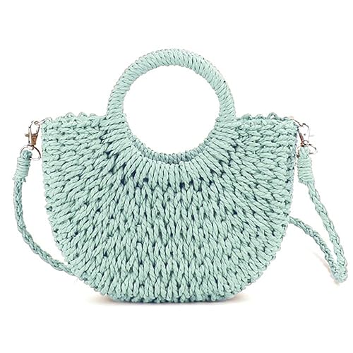 QTKJ Mini Semi-circle Rattan Straw Bag, Hand-woven Women Summer Retro