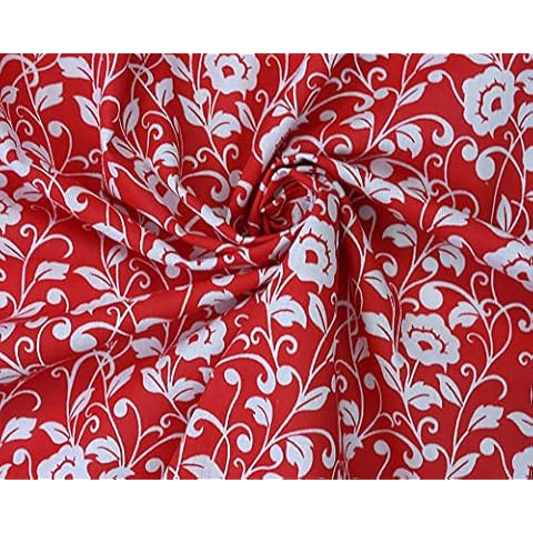 Sally Polycotton Fabric - Red & White Regal Flowers Floral Print - Fabric Craft Material Metre Cover