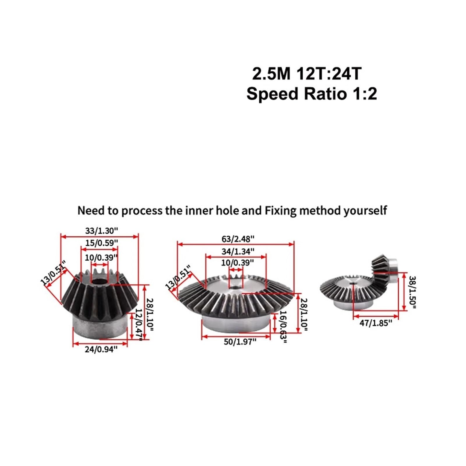Engrenage conique 1 paire 2.5 Moudlues 12 T avec rapport de vitesse 24 T engrenage conique Transmission CNC à 90 degrés 1:2 engrenages coniques 2.5 M 12 T:24 T(3set 2.5M12T-24T)