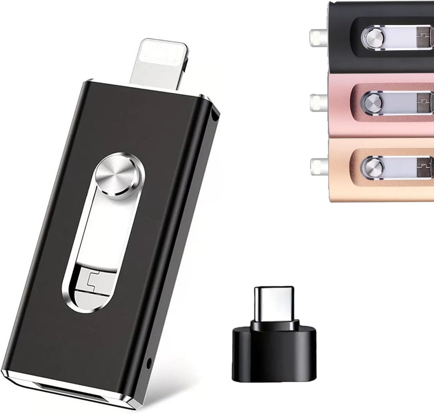 4 in 1 Flash Drive, Micro USB + 8 Pin + USB 3.0 4 in 1 Mobile Phone Computer U-Disk, No WiFi, No Cables, with Free Type-C Adapter for Android Phones/Pc and More Devices (Black, 128, GB)