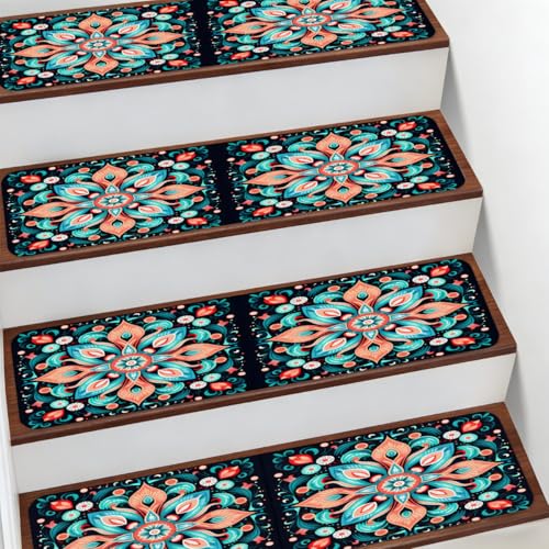 Mexpekil Peldaños antideslizantes para peldaños de madera, paquete de 15 alfombras de 76 x 20 cm (patrón de pétalos de cerámica mexicana)