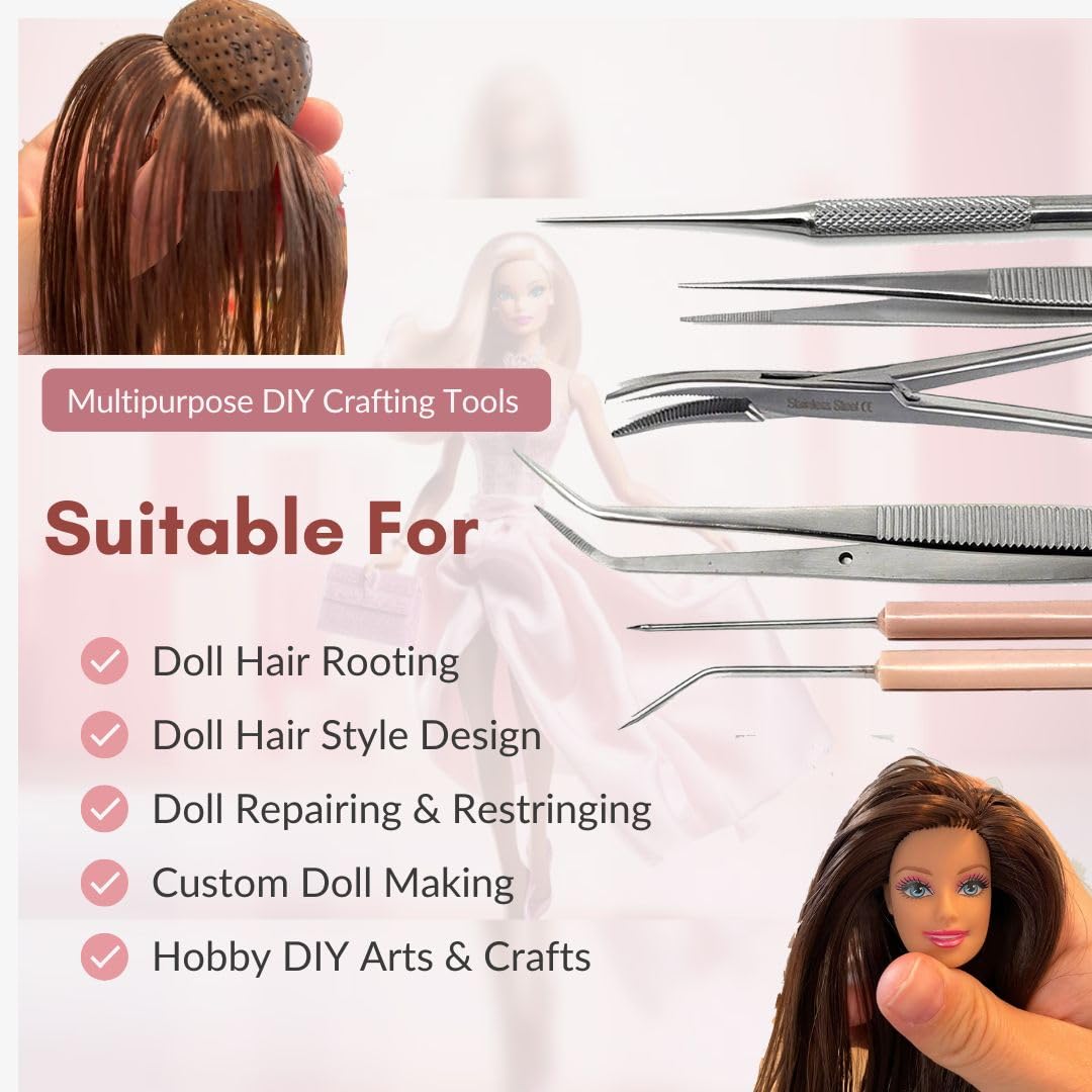 A2Z Rerooting Rehairing Tool Kit for Dolls & Ponys, Hair Replug Set - Includes Soft Scalp Puncher Pricker, Serrated Pliers, Custom Doll Making Supplies, DIY Craft Doll Making Accessories - Set of 6pcs
