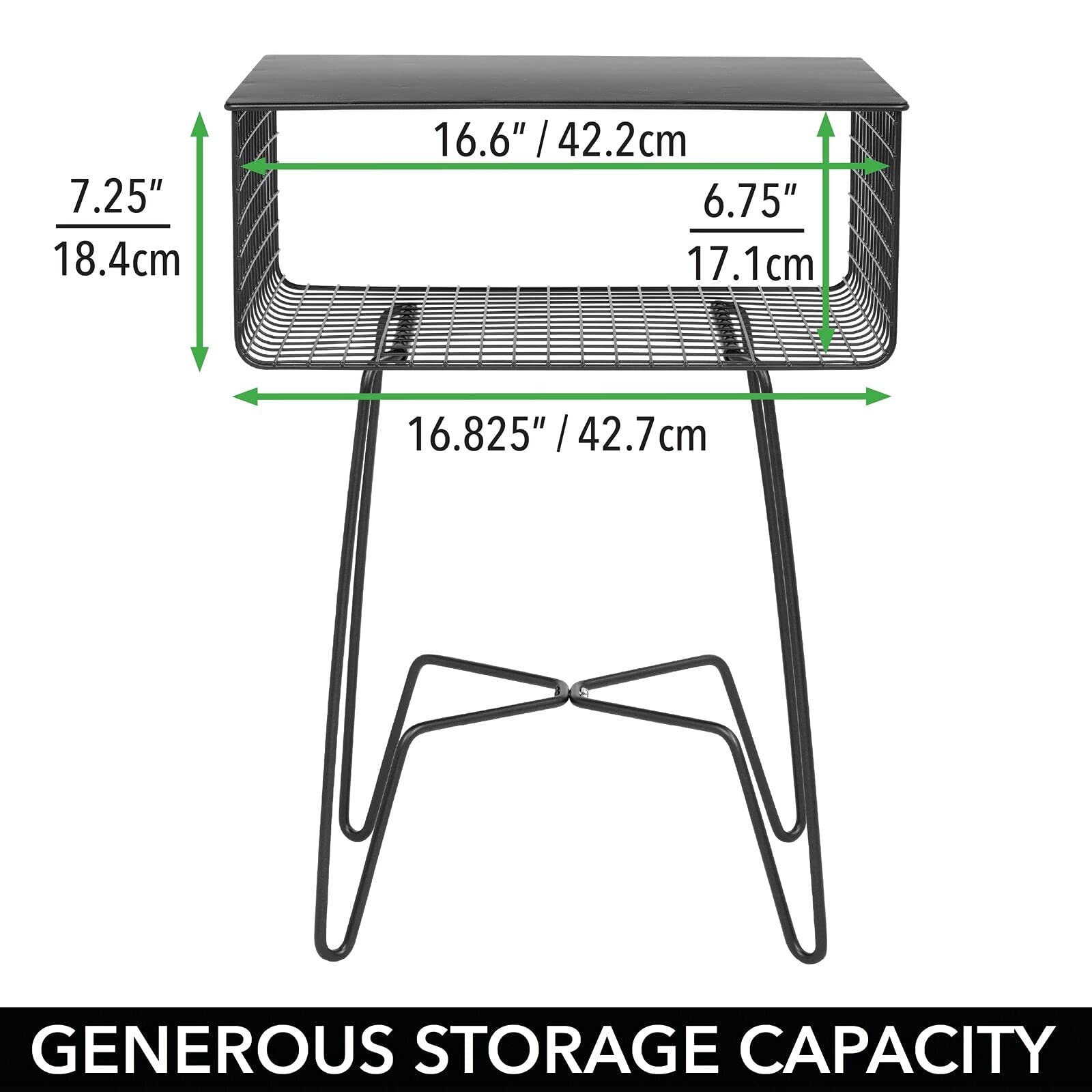 mDesign Steel Side Table Nightstand with Storage Shelf Basket for Bedroom, Living Room, Home Office; Rustic Bedside End Table, Industrial Modern Accent Furniture - Concerto Collection - Black