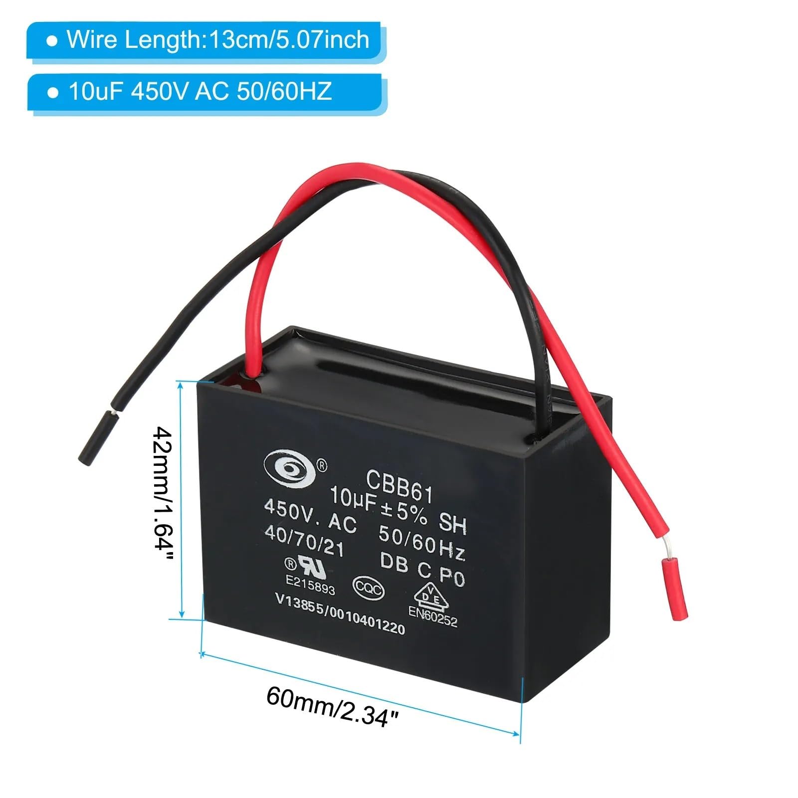5/10 Uds AC 450V 0,47 uF-10uF CBB61 condensador de ventilador de techo 50/60HZ con 2 cables for condensadores de funcionamiento de estrella del Motor del ventilador del aire acondicionado(5Pcs 5uF)