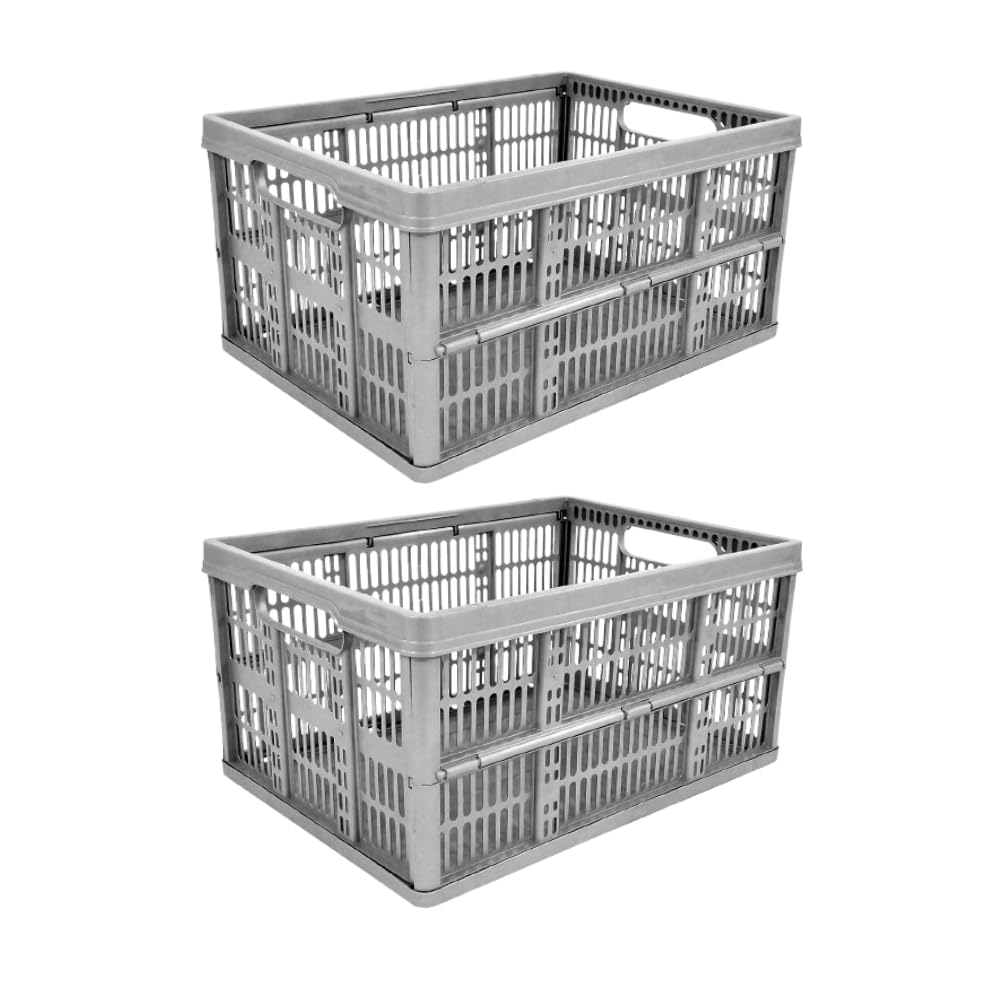 Monal Grey Homion 32L Foldable Plastic Storage Crate – Collapsible Stackable Basket With Handles For Home, Garage & Car Boot – – Pack Size Selection (2)