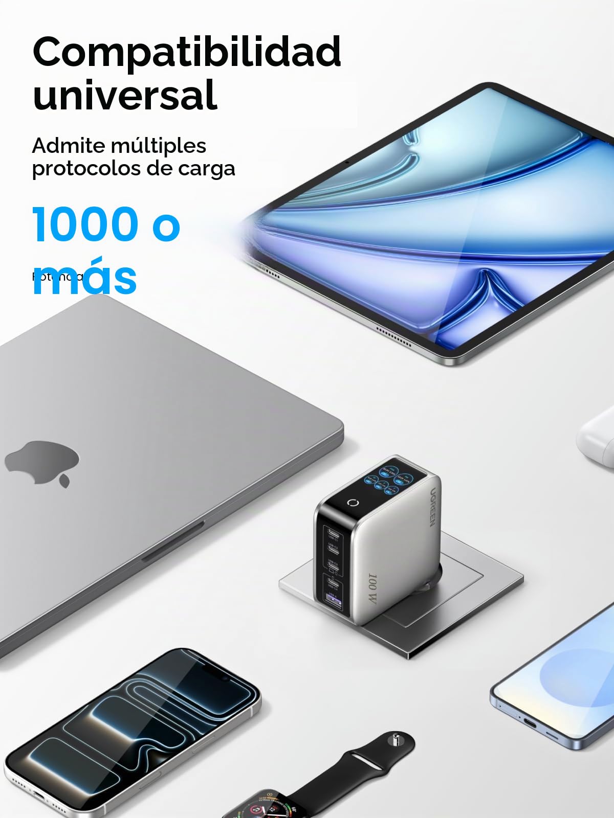 UGREEN Nexode Pro Cargador USB C 100W Carga Rápida Pantalla TFT | 5 Puertos Compatible con iPhone 17 Pro MAX Air 16 15 14 13 Galaxy PPS 45W S26 25 24 Pixel 10 iPad MacBook M5