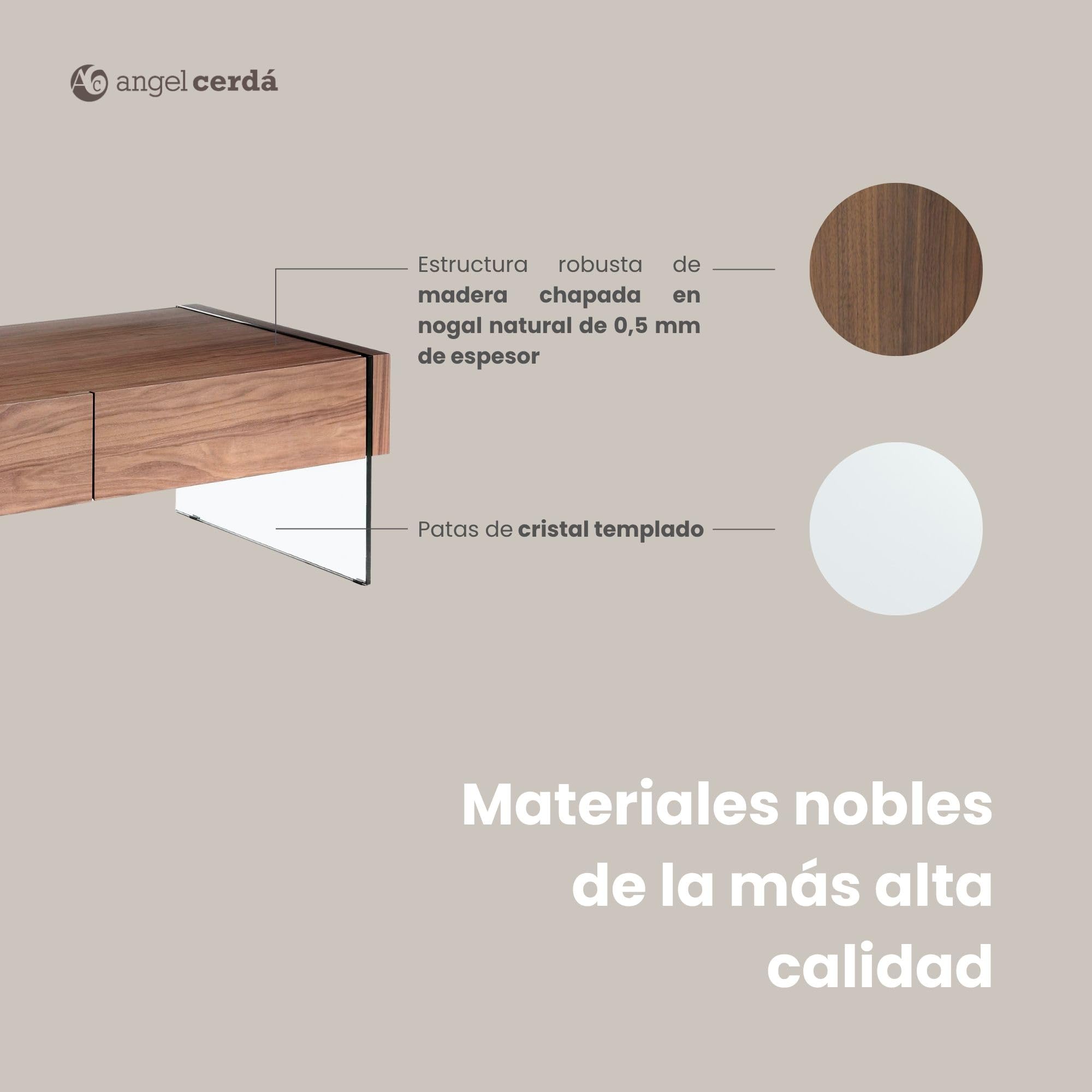 Angel Cerdá – Mesa Centro Diseño con Laterales de Cristal y Tapa de Nogal | Mesa de Centro Rectangular con Almacenaje | Patas de Cristal | Ideal para Salón | 127 x 59 x 41 cm