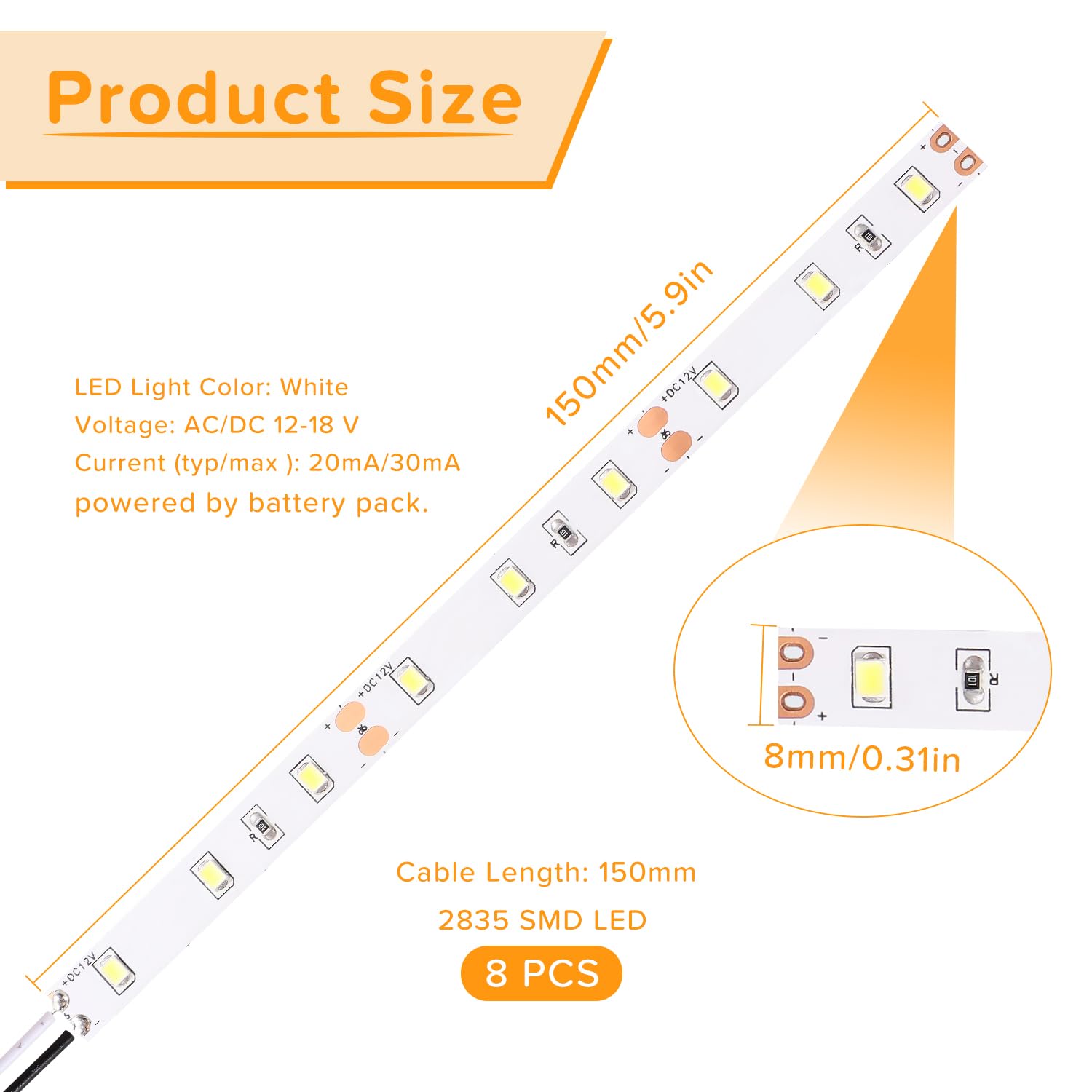 Lyeteung 8 PCS 150mm 12V - 18V Pre Wired Strip, 2835 SMD LED Model Railway LED Lighting, White, 150mm - 8pcs - Image 2