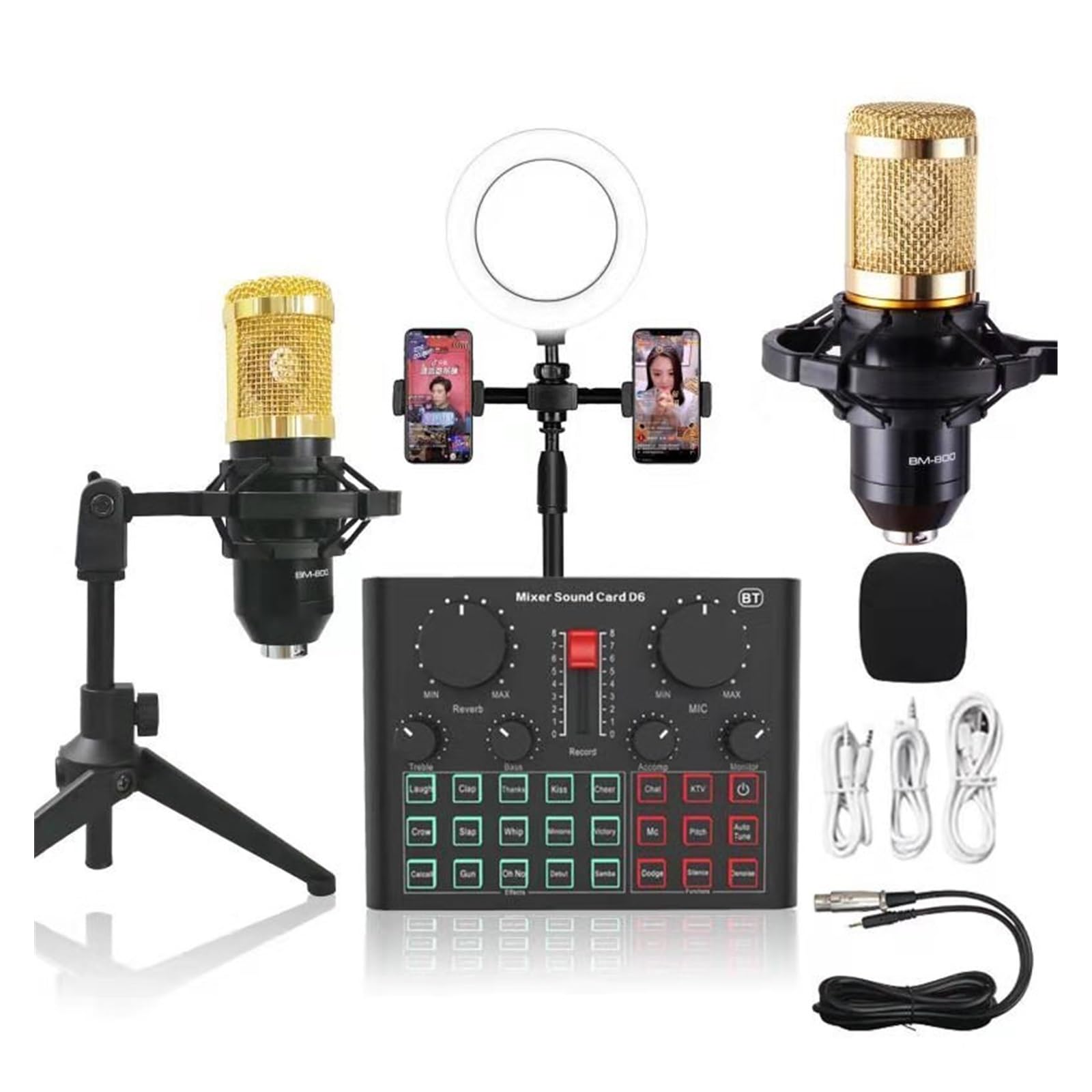 Kit scheda audio BM800 Microfono professionale a condensatore Bluetooth Scheda audio wireless con luce di riempimento ad anello Staffa a sbalzo Configurazione studio streaming live per la registr