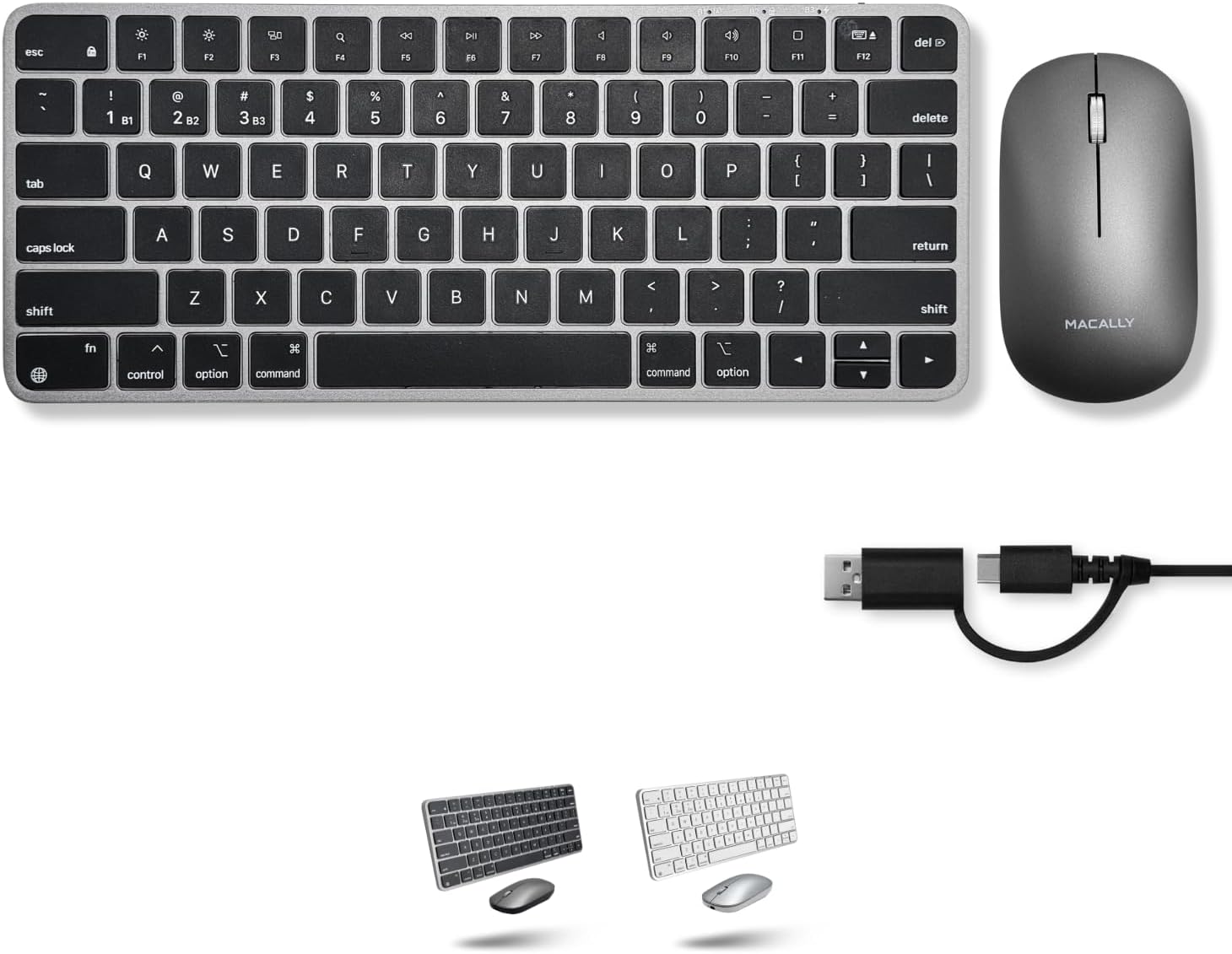Macally Apple Wireless Keyboard and Mouse for Mac - Dual Mode (Bluetooth + Wired) - Multi-Device, Rechargeable - Mini Wireless Keyboard and Mouse Combo for MacBook, iPad, Mac Mini/Air/Pro (Space Gray)