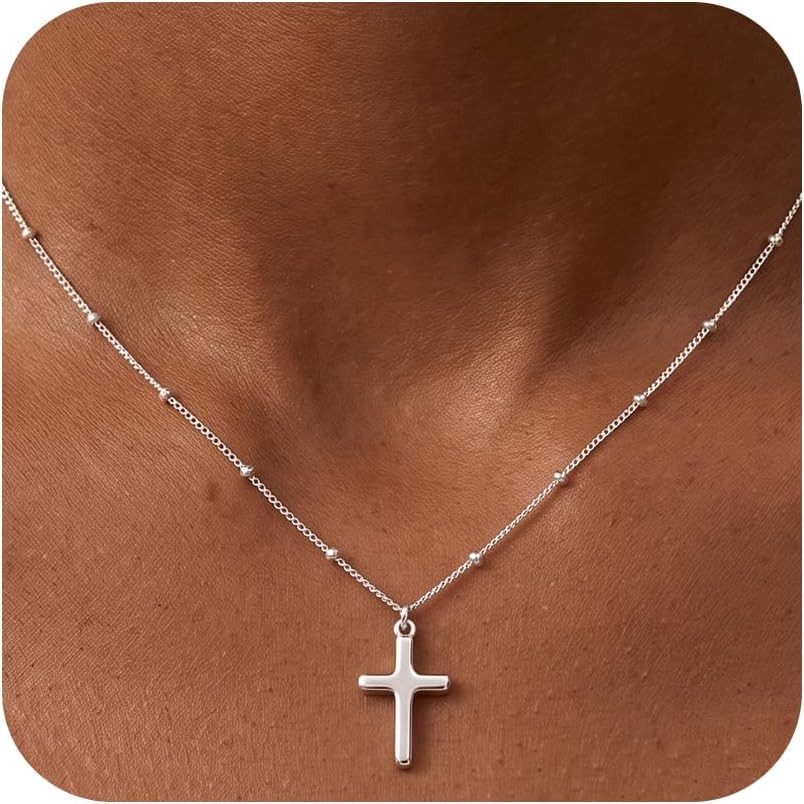 925 Sterling Silver Cross Necklace for Women,1.5MM Silver Cross Bead Chain