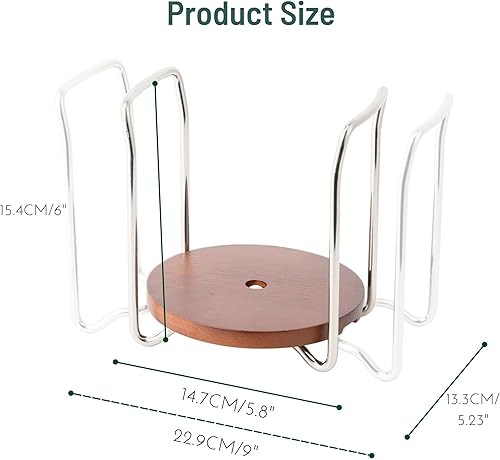 Miniatura 6 de Soporte para platos, pequeño y grande, paquete de 2 unidades para platos de 6 a 13 pulgadas, base redonda de madera marrón café con acero inoxidable