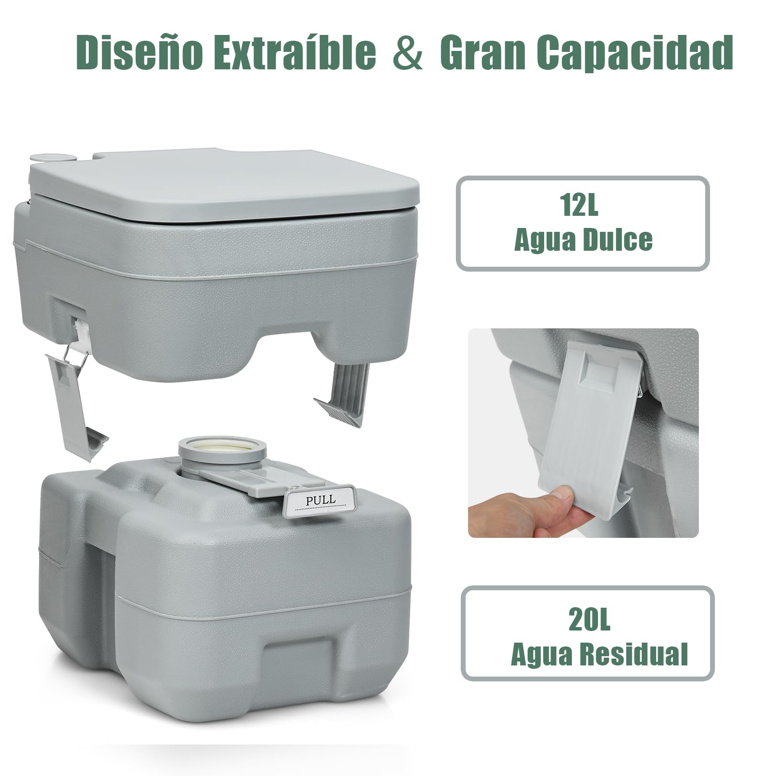 SOARS 20L Inodoro Portátil con Depósito de Agua Residual y de Agua Dulce Extraíble, Baño Portatil con Cisterna, Carga 100 KG(MAX), HDPE, WC Portatil con Tapa para Senderismo Viaje Camping