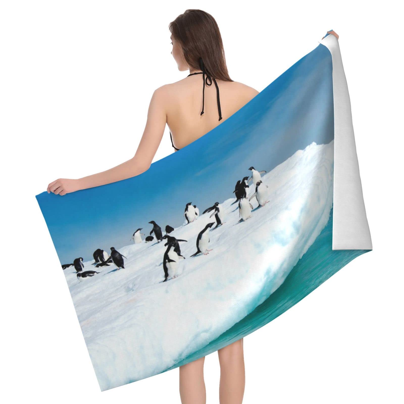 Lawenp Penguins On The Snow Beach Towel, Lightweight Sand Free Quick Dry Microfiber Absorbent Bath Towel for Kids, Adults, Swimming, Bath, Yoga, Pool, Travel, Camping 32"X52"