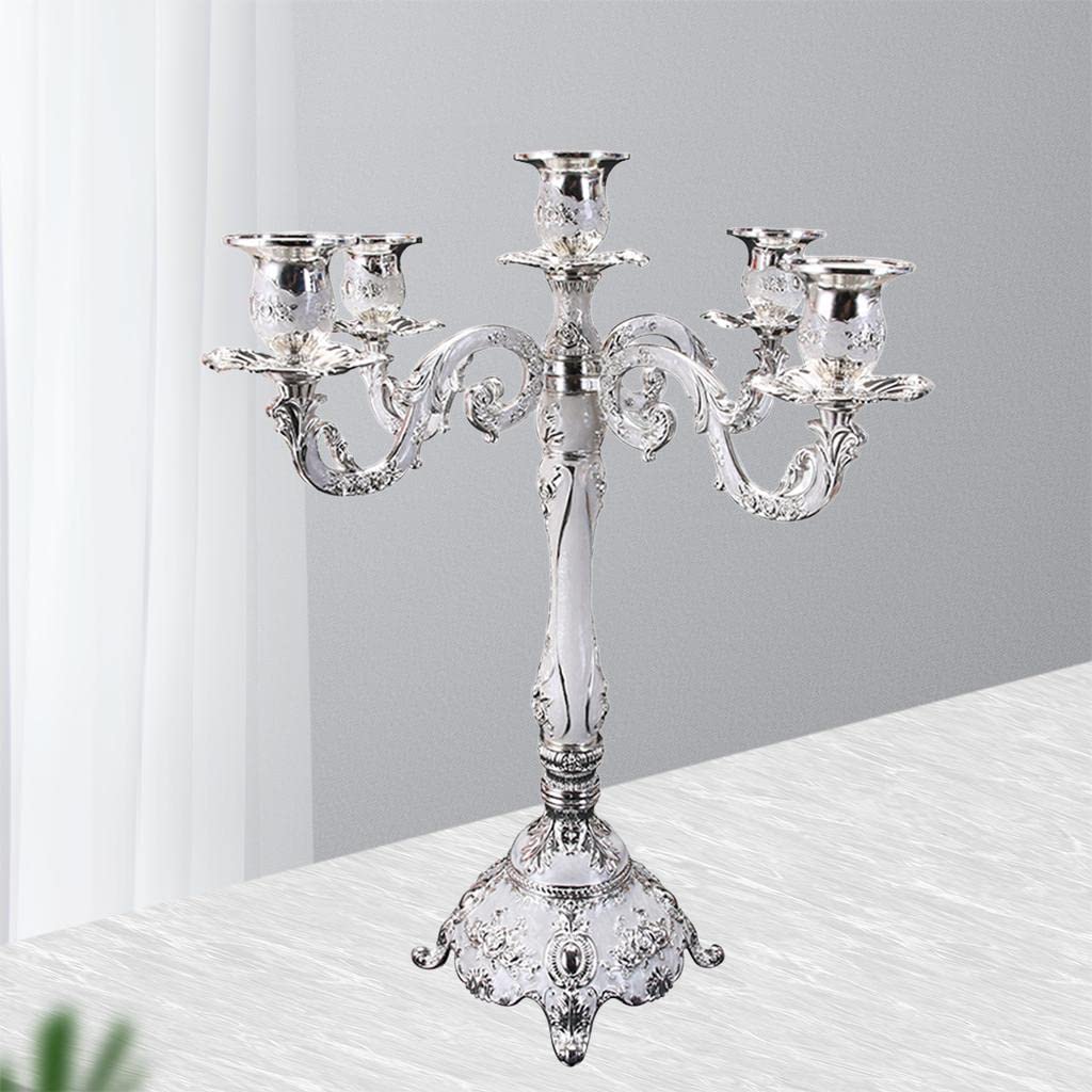 Candeliere a Colonna in Metallo, Elegante Regalo di Nozze, Raffinata Decorazione da Tavola in Stile Europeo, Portacandele a 3/5 Teste, Regalo per L, 5 Braccia Argento