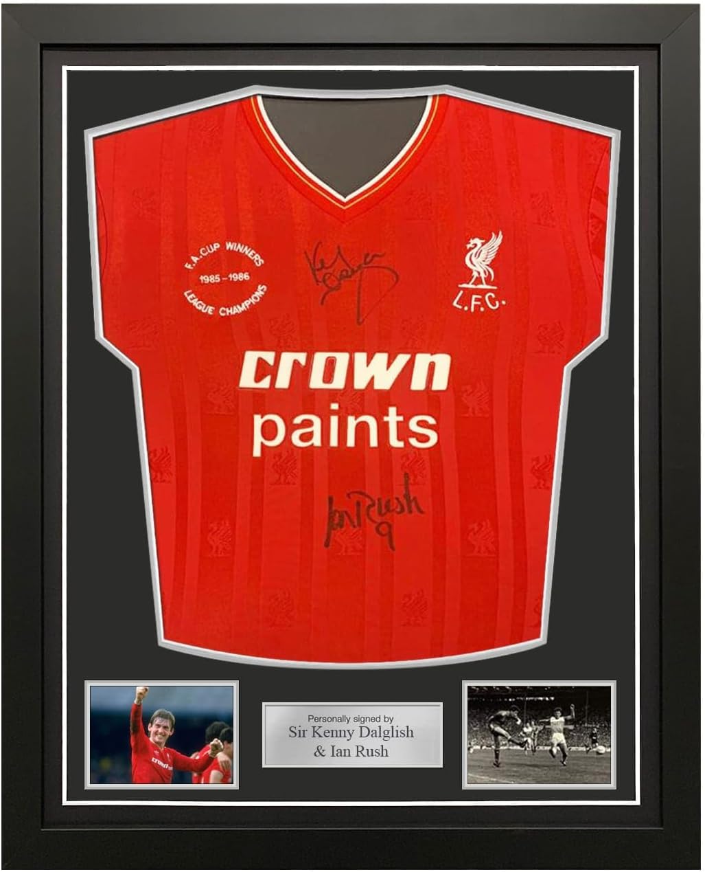 Kenny Dalglish and Ian Rush Signed Liverpool 1985-86 Soccer Jersey. Standard Frame