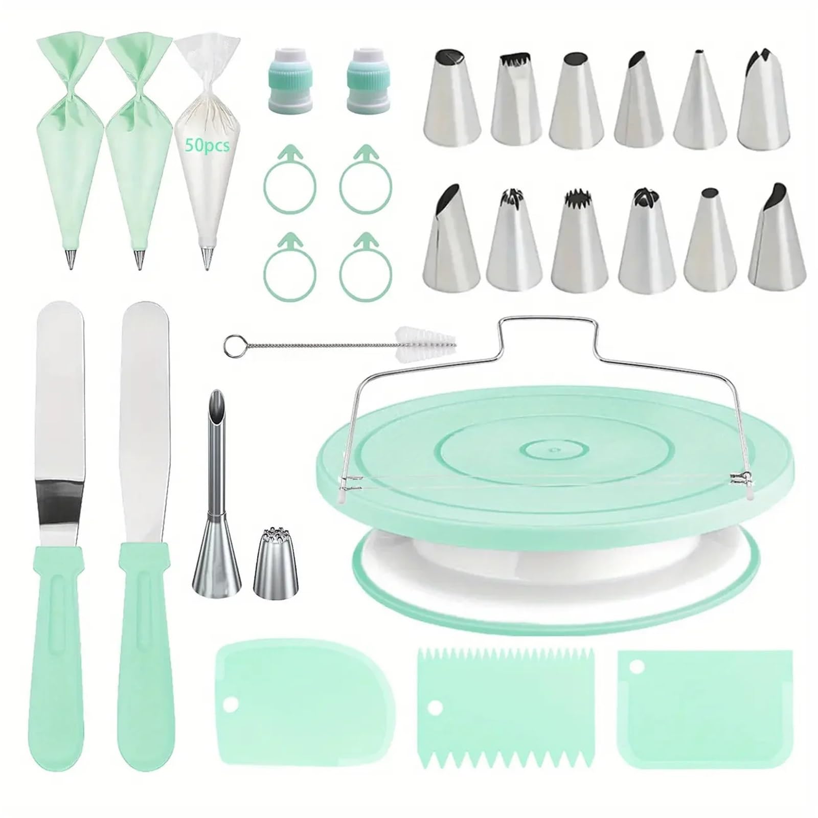 Kit De DecoracióN De Tartas Set de decoración Pasteles: Base giratoria Antideslizante con 14 boquillas, raspadores y Herramientas for repostería Profesional casera para Tartas(80pcs-Green)