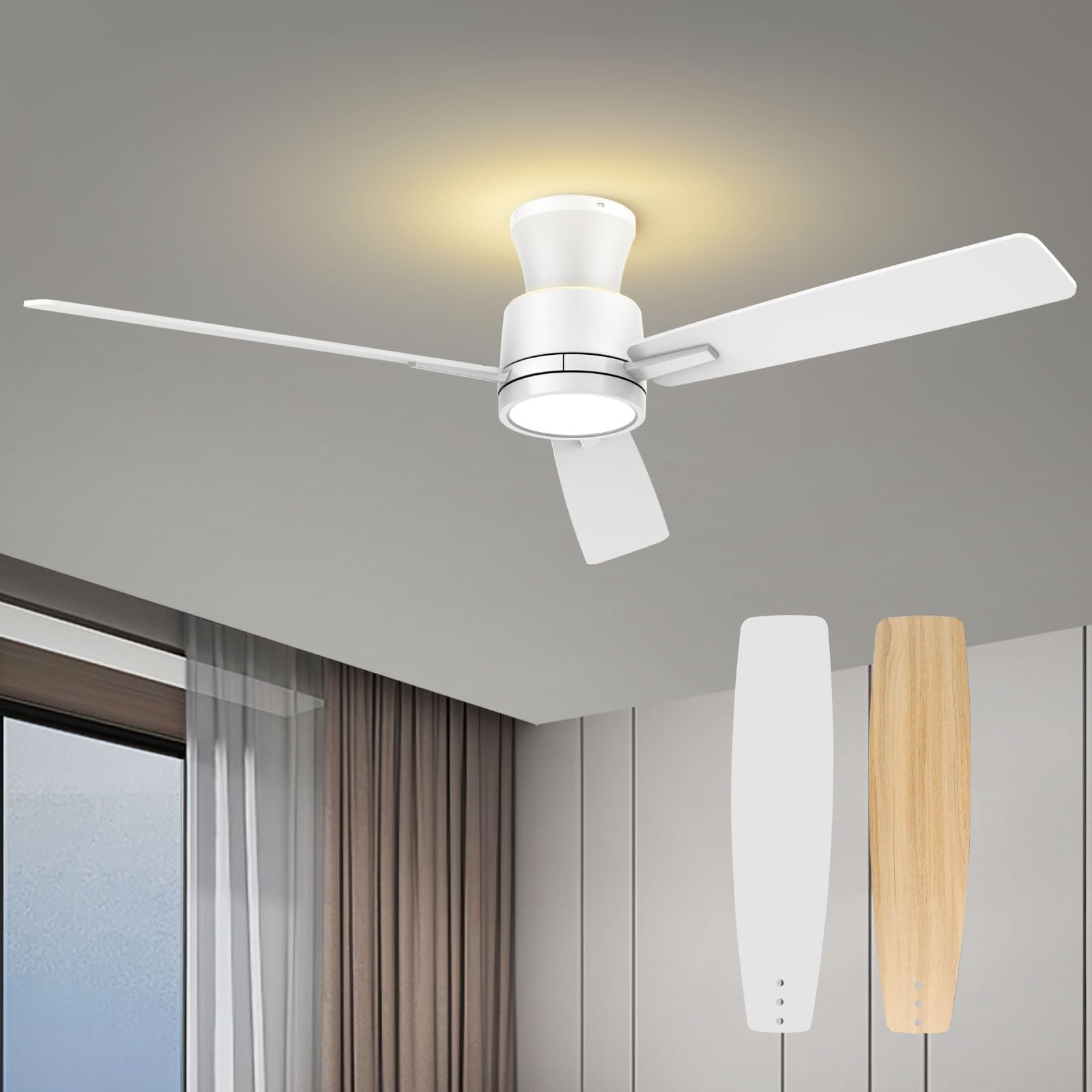 ocioc 52-Inch Low Profile Ceiling Fans with Lights and Remote, Flush Mount, Night Light Feature, 3 Dual Finish Blades, Reversible DC Motor, White