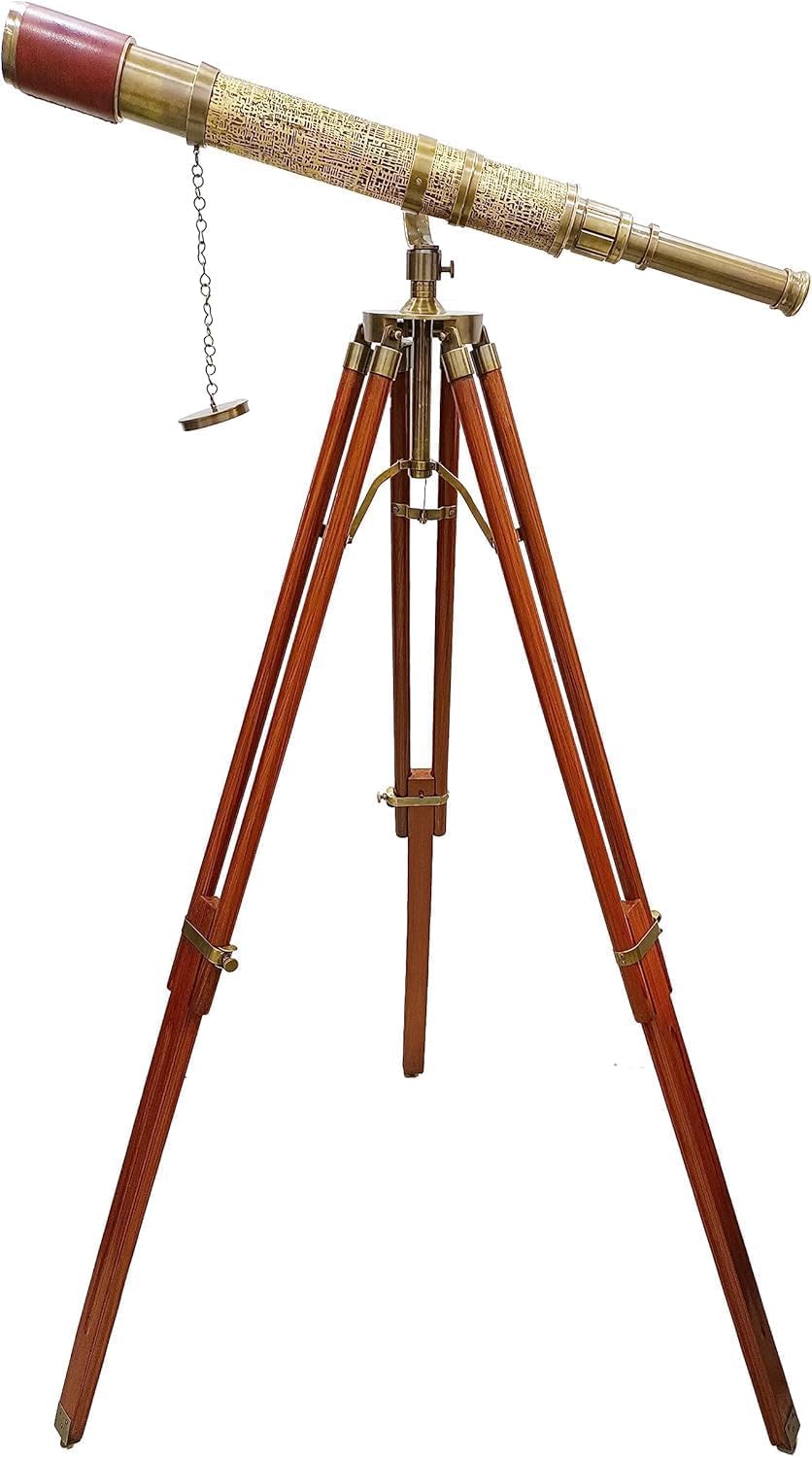 Nautical Antique Brass Telescope with Arc Design Adjustable Brown Wooden Tripod Floor Standing Maritime Vintage Collectible