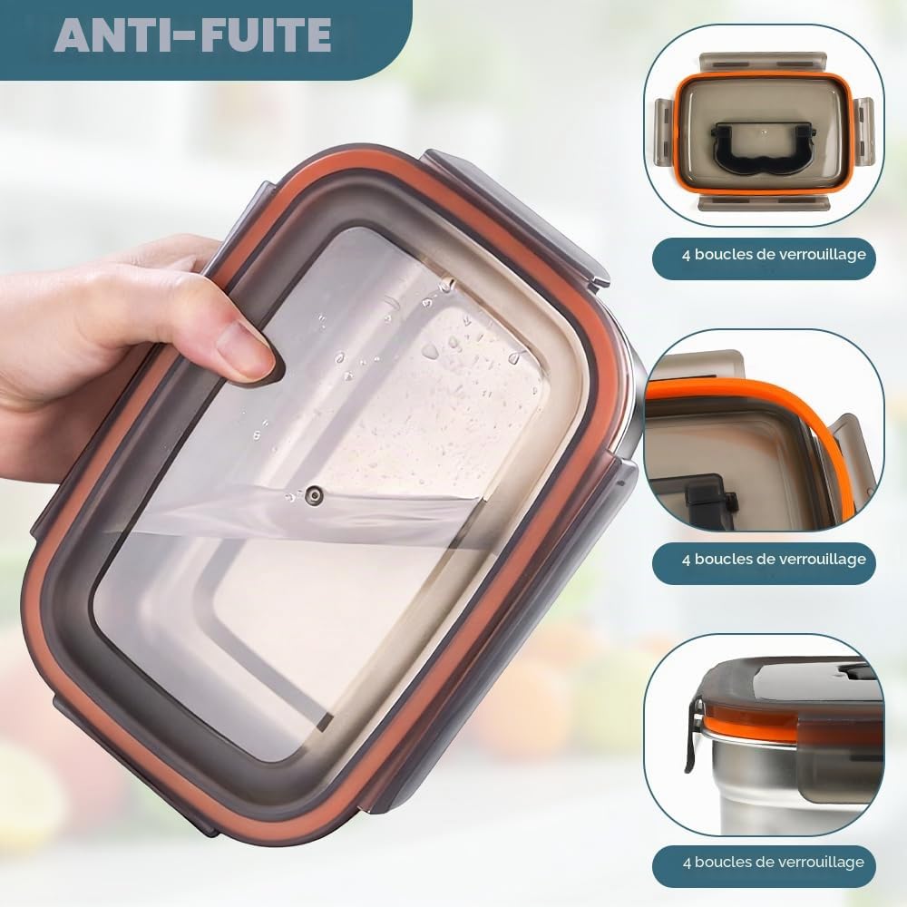 Lot de 4 Boîtes de Conservation en Acier Inoxydable, 550ml/ 1100ml/ 1900ml/ 3500ml Boites de Conservation Alimentaire avec Couvercles Hermétiques Boîtes Alimentaires pour Four et Congélateur