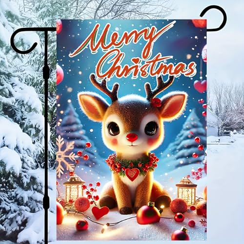 Image of BlissYard Christmas Reindeer Garden Flag 12x18 Inch Double Sided Merry Christmas Cute Red Nosed Reindeer Yard Banner Festive Ornaments Snow Scene Holiday Outdoor Lawn Porch Patio Pathway Seasonal Home Decoration