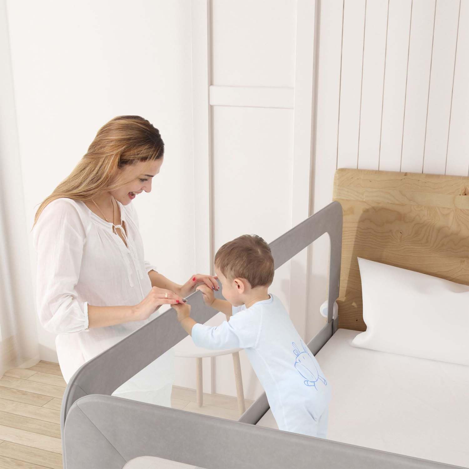 Fiqops Griglia di protezione per letto da 200 cm, pieghevole, protezione anticaduta per lettino per bambini, barra di protezione per letto regolabile in altezza da 72-86 cm con cinture per letti a