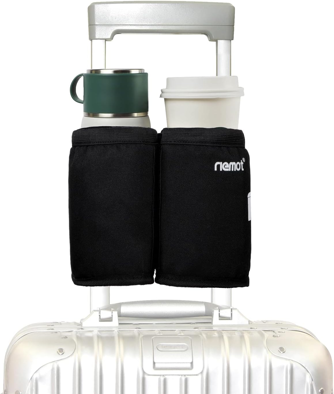 riemot Luggage Travel Cup Holder Free Hand Drink Carrier - Hold Two Coffee Mugs - Fits Roll on Suitcase Handles - Gifts for Flight Attendants Travelers Accessories Black 2