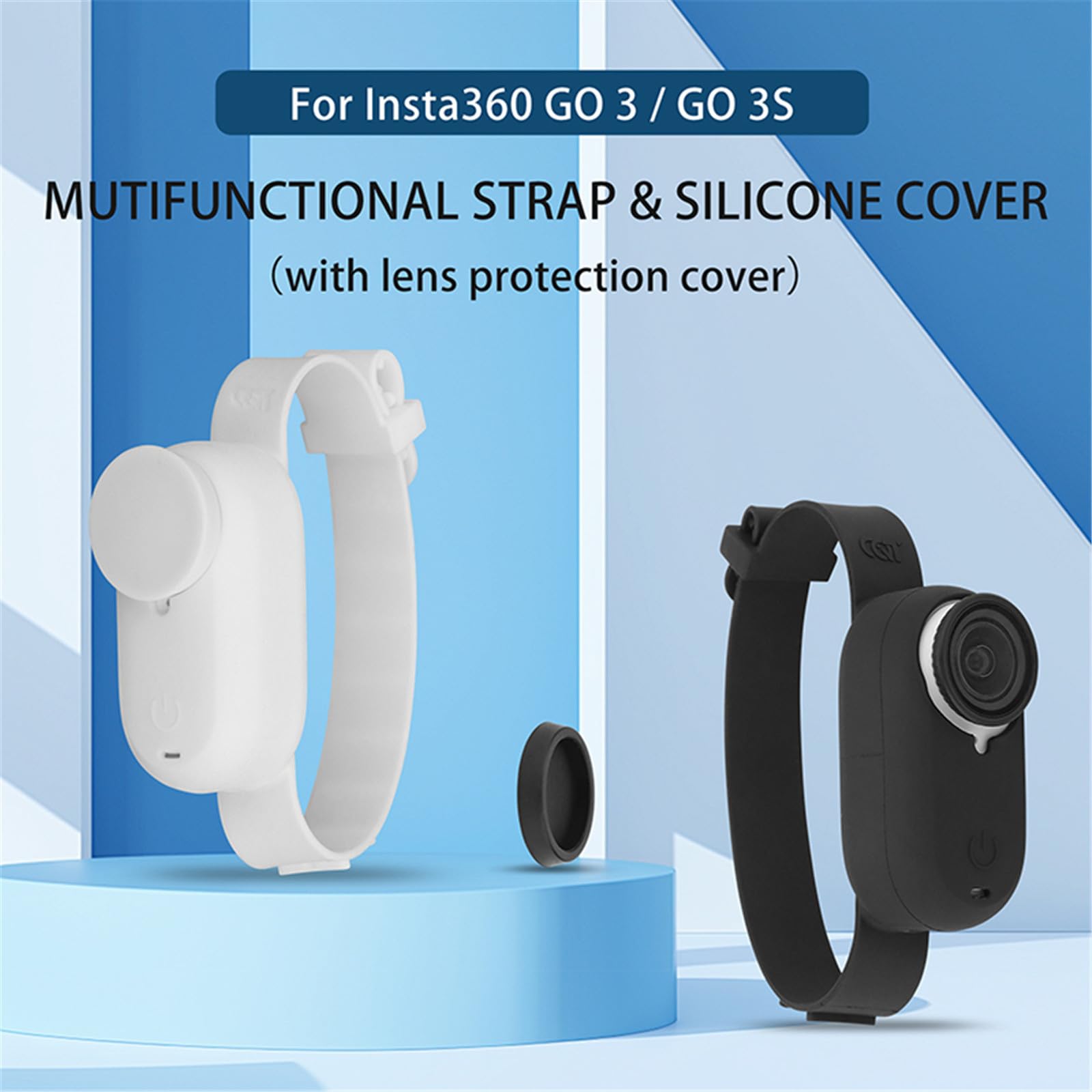 Wtohoby Silicone Case Cover Strap with Lens Cap for Insta360 GO 3/GO 3S Vlog Camera Anticollision Protection Accessory Pet Collar Mount Lightweight Travel Grip Fit DJI NEO/Mini Drones (White)