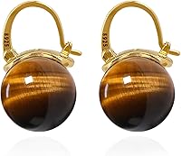 OwMell 925 Sterling Silver Tiger's Eye Drop Earrings for Women - 12mm Large Natural Gemstone Dangle Gold Plated Studs