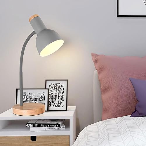 Miniatura 4 de TOCOCO Lámpara de escritorio industrial con base de madera lámpara de lectura de mesita de noche lámpara de mesa gris para oficina dormitorio sala