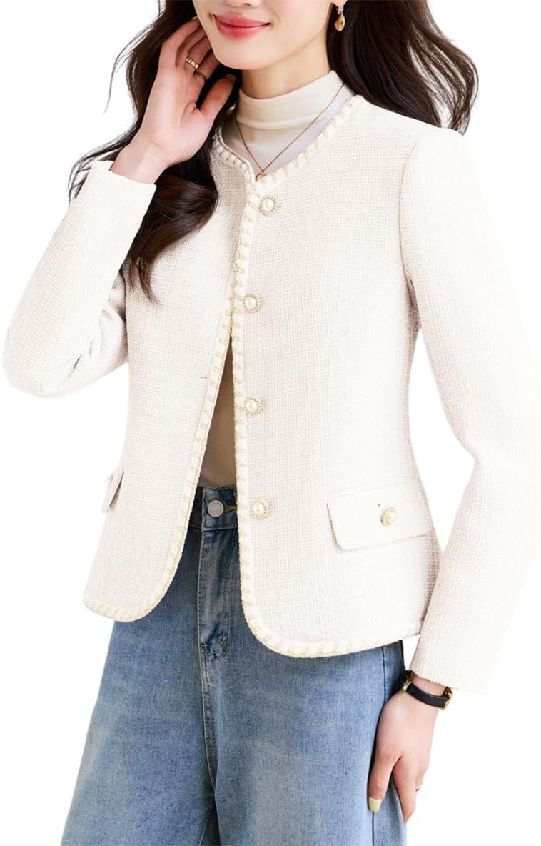 Women’s Tweed Blazer Dressy Open Front Button Down Casual Short Blazer Coat Business Office Suit Jackets