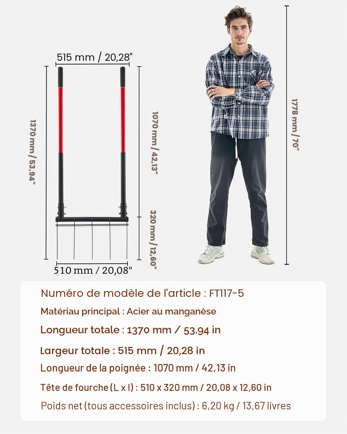 VEVOR Grelinette à 5 Dents, Fourche à Bêcher avec Double Manche en Fibre de Verre, Fourche de Jardin Large Robuste en Forme de U, Outil pour Jardinage, Compostage, Transplantation, Aération de Terre