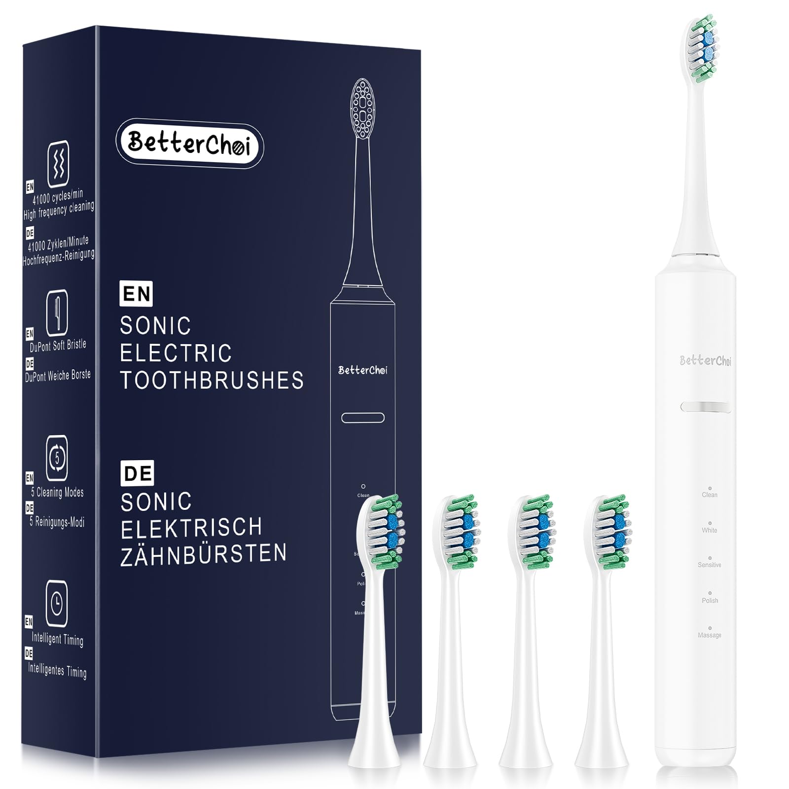 Betterchoi Sonic Electric Toothbrush for Adults, USB Rechargeable Toothbrush - 41,000 VPM Maglev Motor - 4 Brush Heads - IPX7 Waterproof, 180-Day Battery Life, 5 Cleaning Modes & Smart Timer, White-image-36