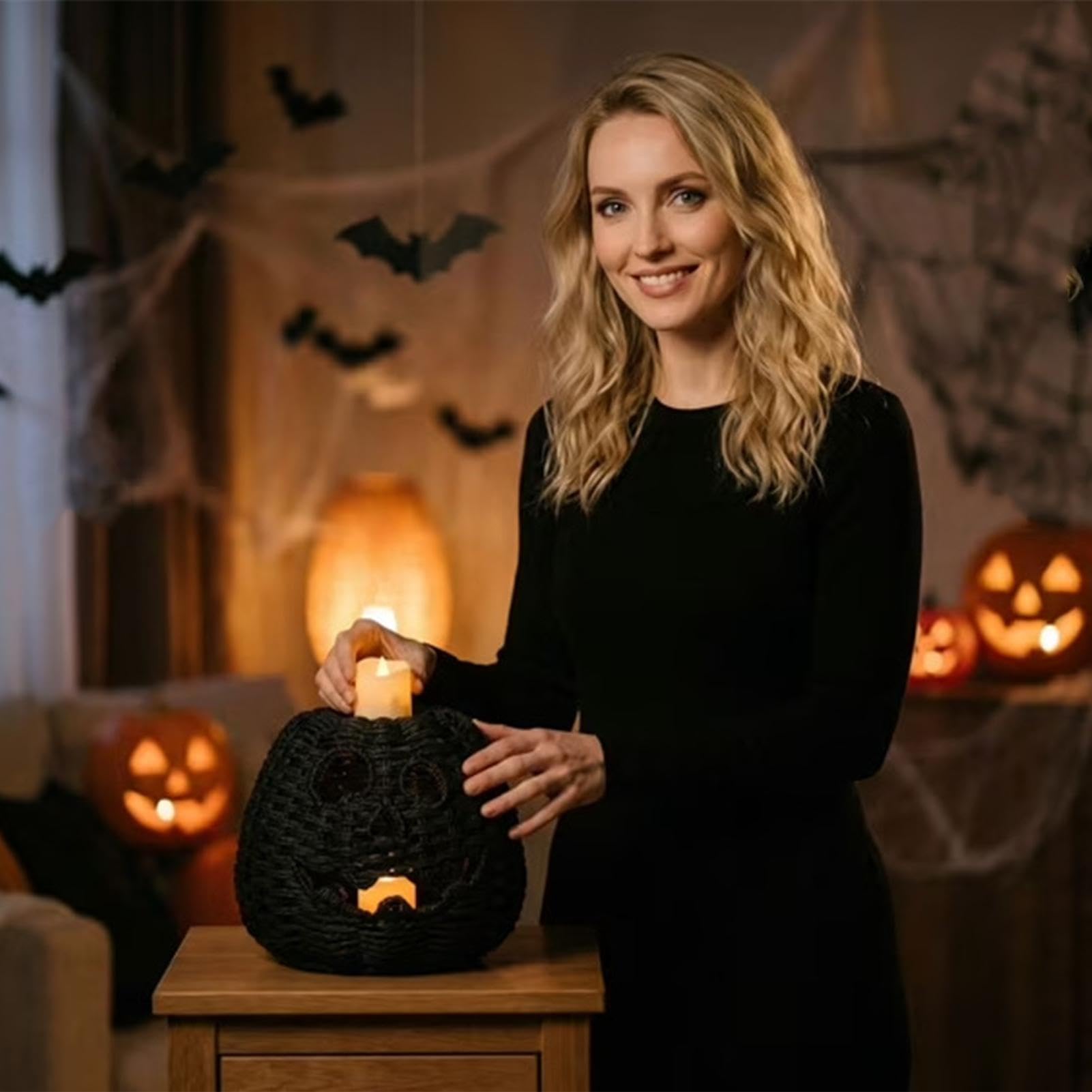 Pleciona dynia Halloween straszna czerń, realistyczna | Halloween kosz z dynią z pokrywką do domu salon stół gzyms kominkowy kominek wejście parapet