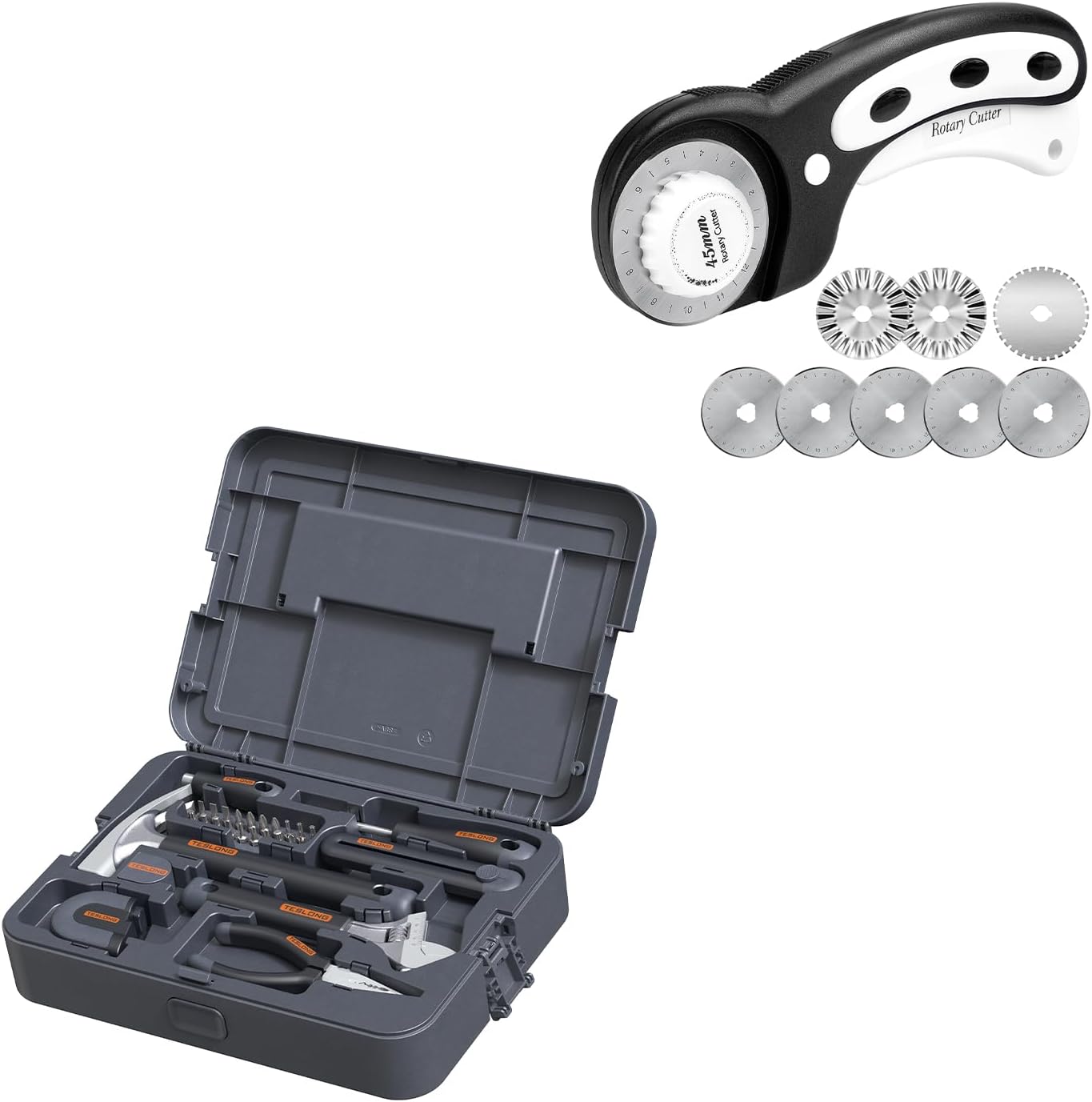 Teslong 27 Pcs Home Repair Tool Kit, Basic Hand Tool Set with Storage Case, 45mm Rotary Cutter for Fabric, Extra 8pcs Replacement Blades