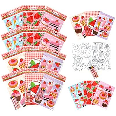 TINYMILLS Strawberry Coloring Book Set with 12 Coloring Books and 48 Crayons Strawberry Birthday Party Supplies Favor Bag Filler Carnival Prizes Rewards Classroom Party