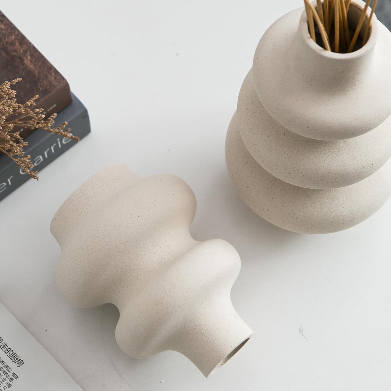 Ceramic Vase Set of 2 - Off White Boho Round Vases, Modern Pampas Vases, Dried Flower Vase Home Decor for Centerpieces Wedding Dinner Table Party Living Room Office Bedroom - Image 5