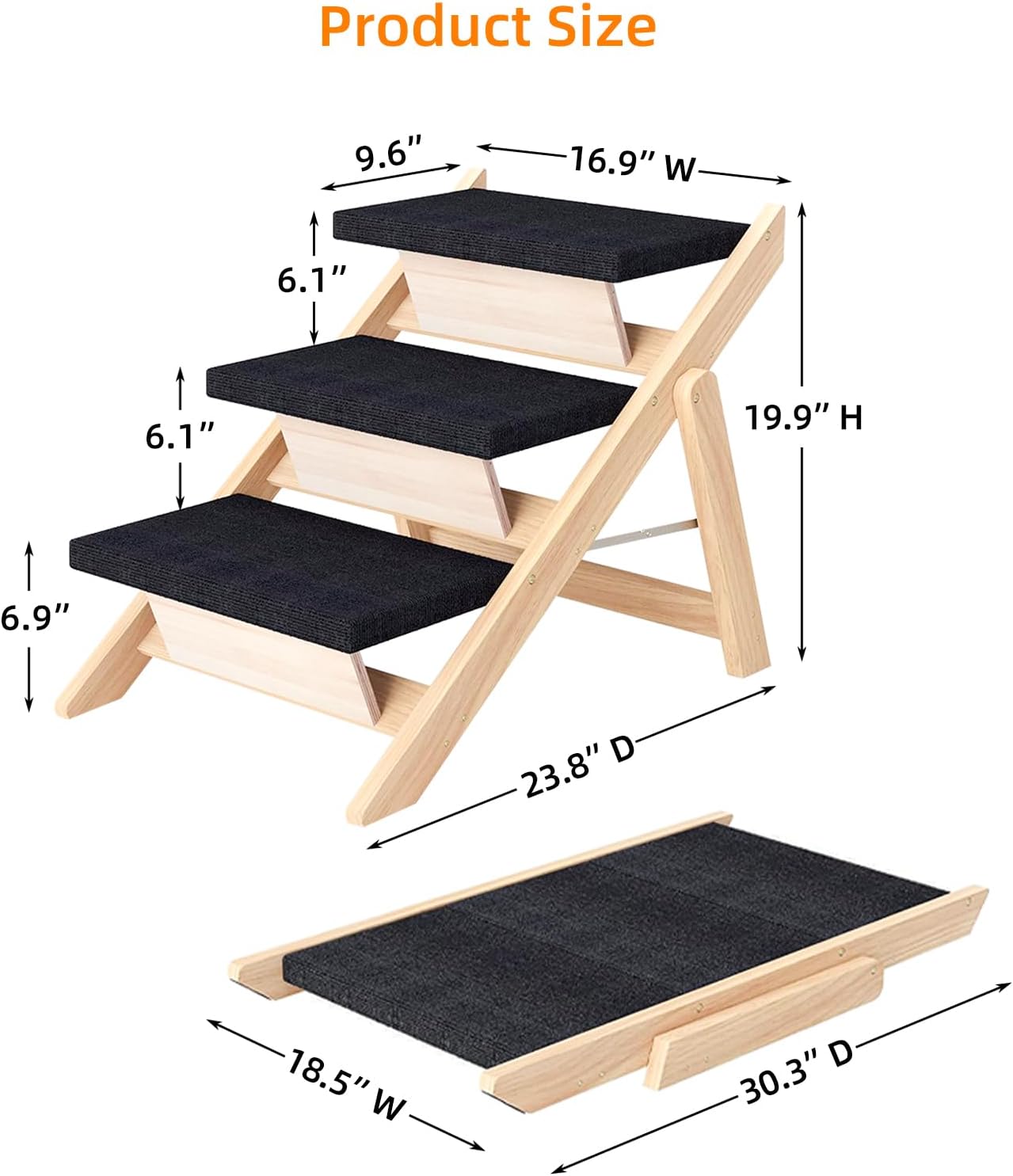 dog stairs/ramp for bed, wooden 2-in-1 foldable pet stairs & ramp, portable dog ladder up to 180 pound for elderly/short-legged dogs, 3 steps for beds, couch, cars 3-steps